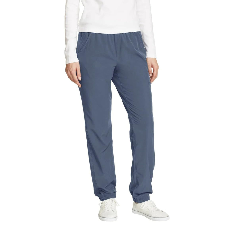Eddie Bauer Women's fleece lined pants front view in blue for all-day warmth
