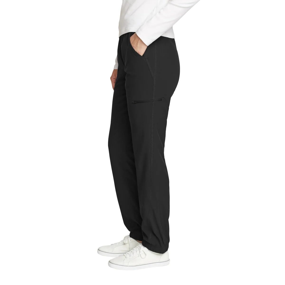 Eddie Bauer fleece-lined pants thigh pocket zipper closeup highlights secure storage