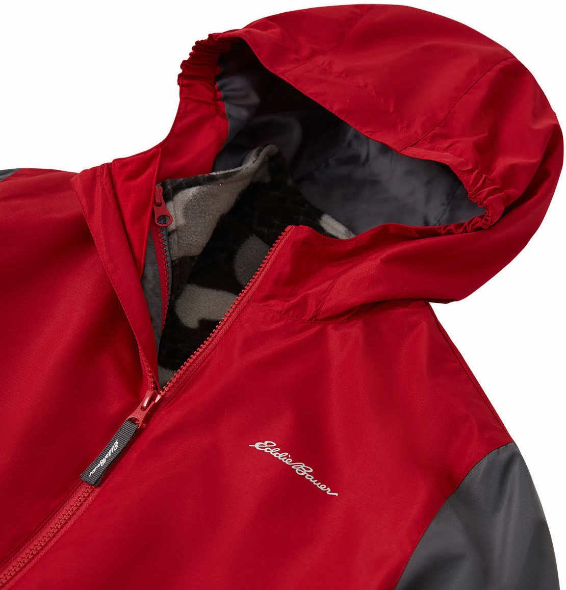 Eddie Bauer Youth Lone Peak 3-in-1 jacket waterproof fabric close-up highlights WeatherEdge breathability