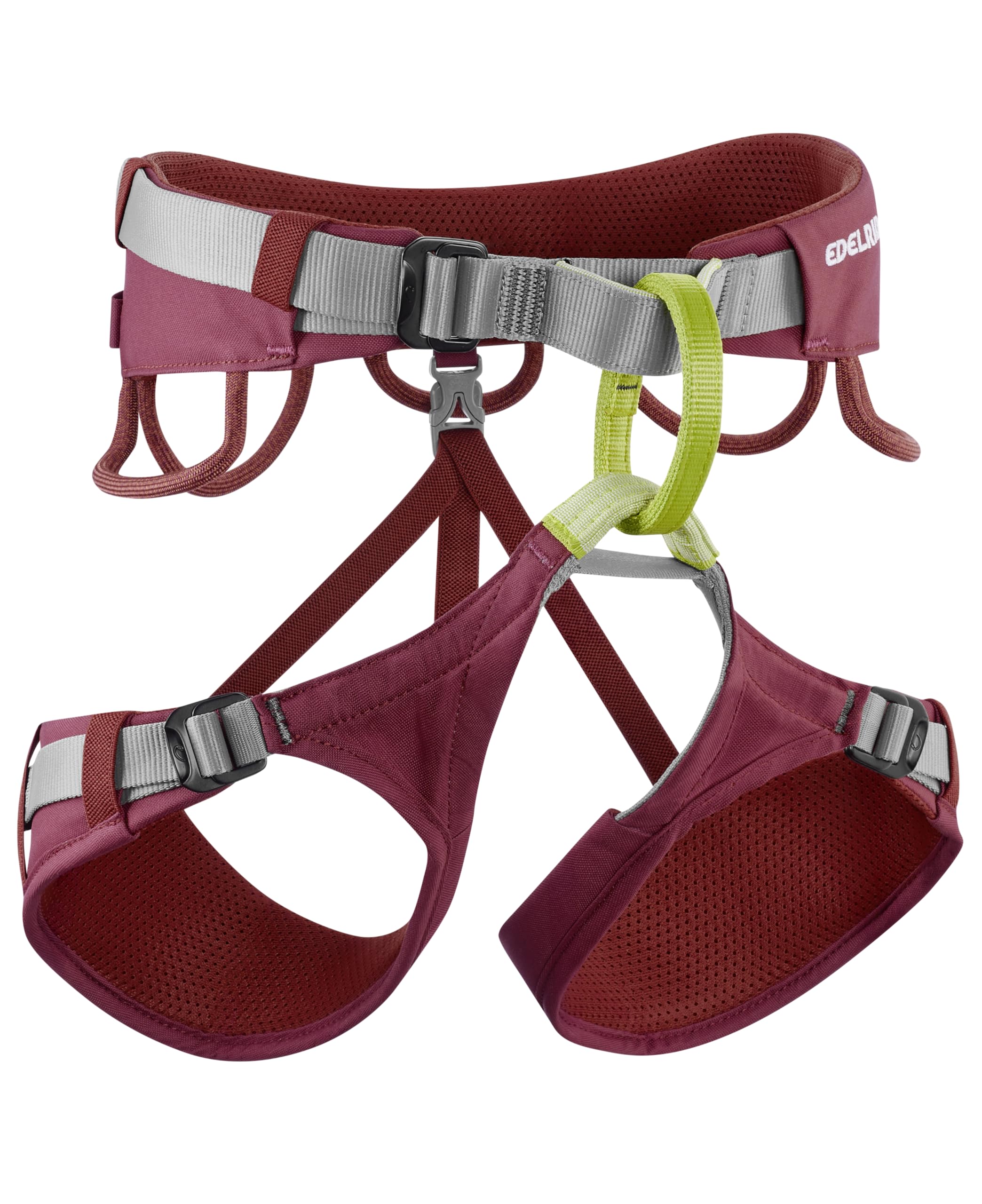EDELRID Jayne harness XS in rhubarb red, comfortable belaying and all-day gym use