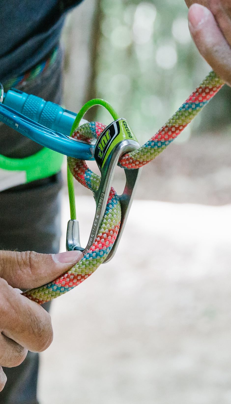 Close-up of polyamide grip coating on Edelrid Jul 2 belay device.