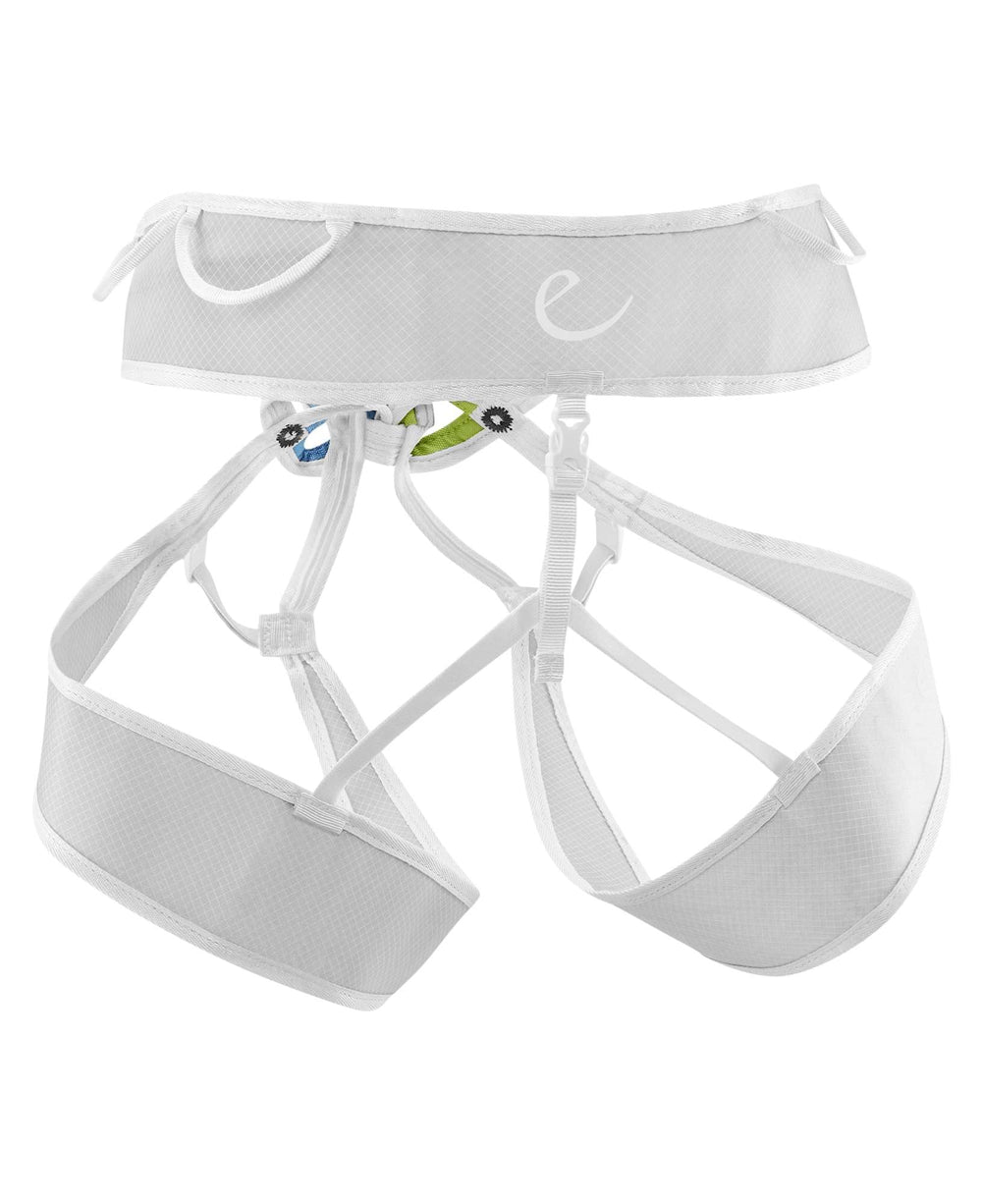 EDELRID Loopo Lite Harness light grey strap detail highlights adjustable fit and quick setup.
