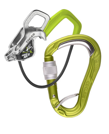 EDELRID Mega Jul Bulletproof Belay Kit II device and carabiner for smooth rope management.