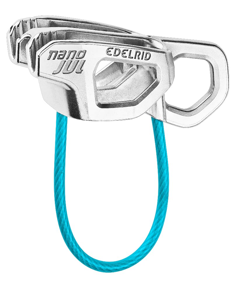 EDELRID Nano JUL brake device front view, durable stainless steel for reliable belaying.