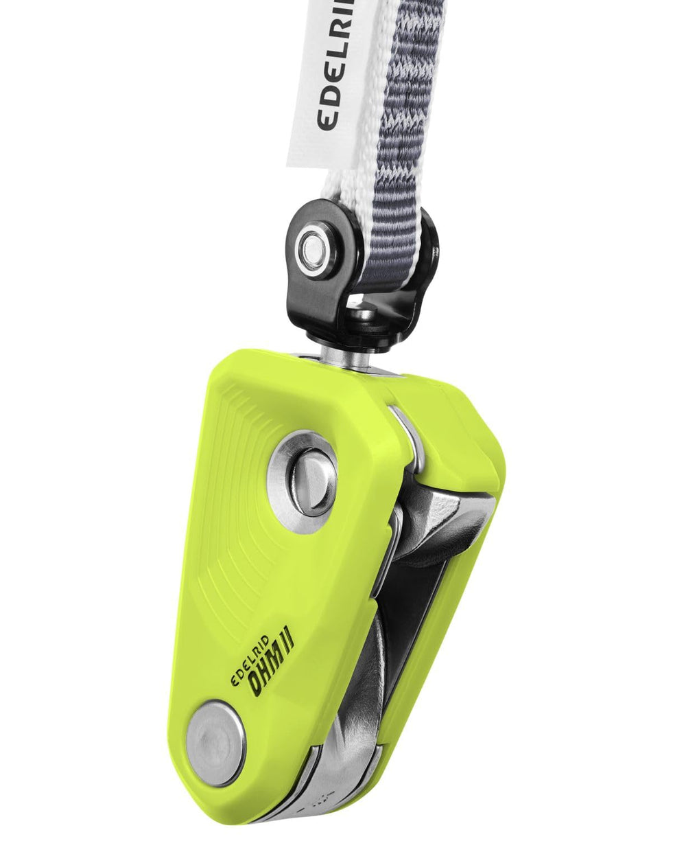EDELRID Ohm II swivel joint enables clip-in from any direction for smoother belays.