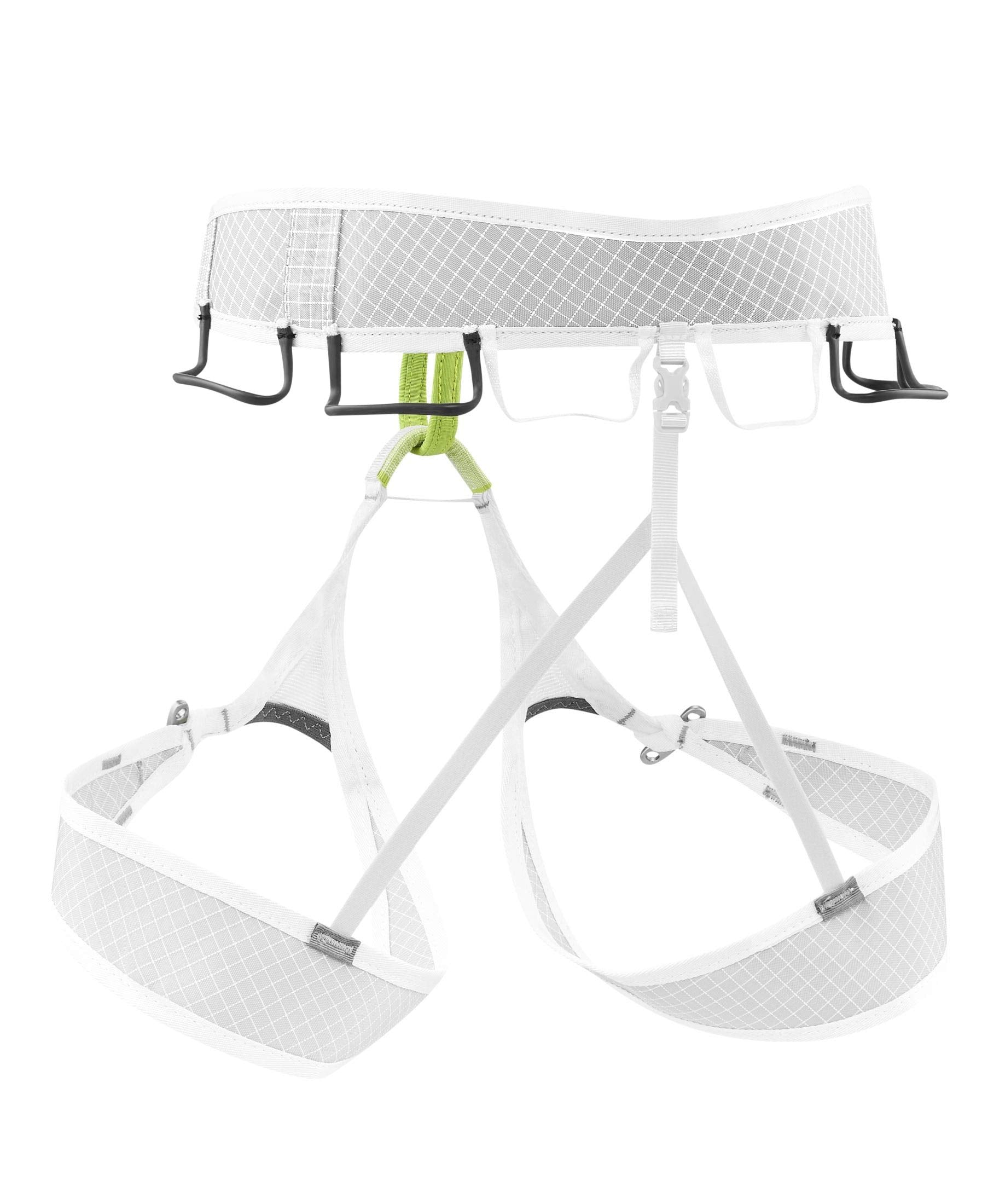 Edelrid Prisma Guide harness back view; shows gear loops and clip options for quick access