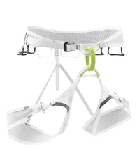 Edelrid Prisma Guide harness front view; lightweight design enhances comfort on long climbs