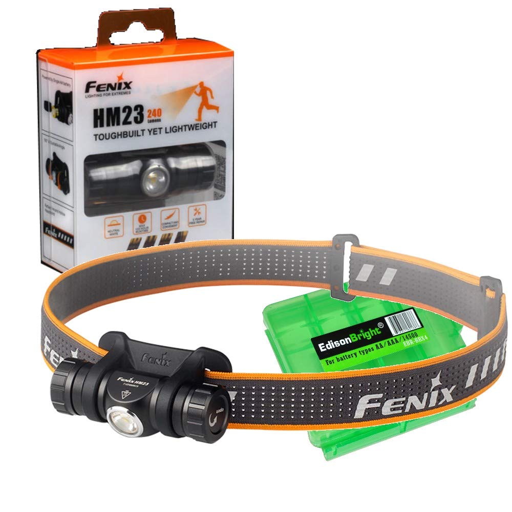 EdisonBright Fenix HM23 headlamp with compact design for camping and hiking.