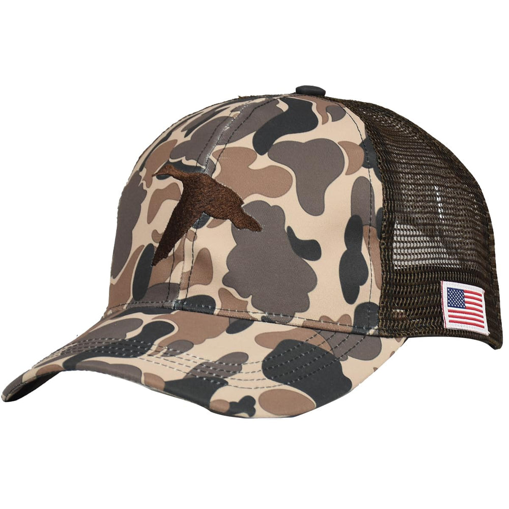 EDTREK hunting hat front view with duck embroidery on old-school camo