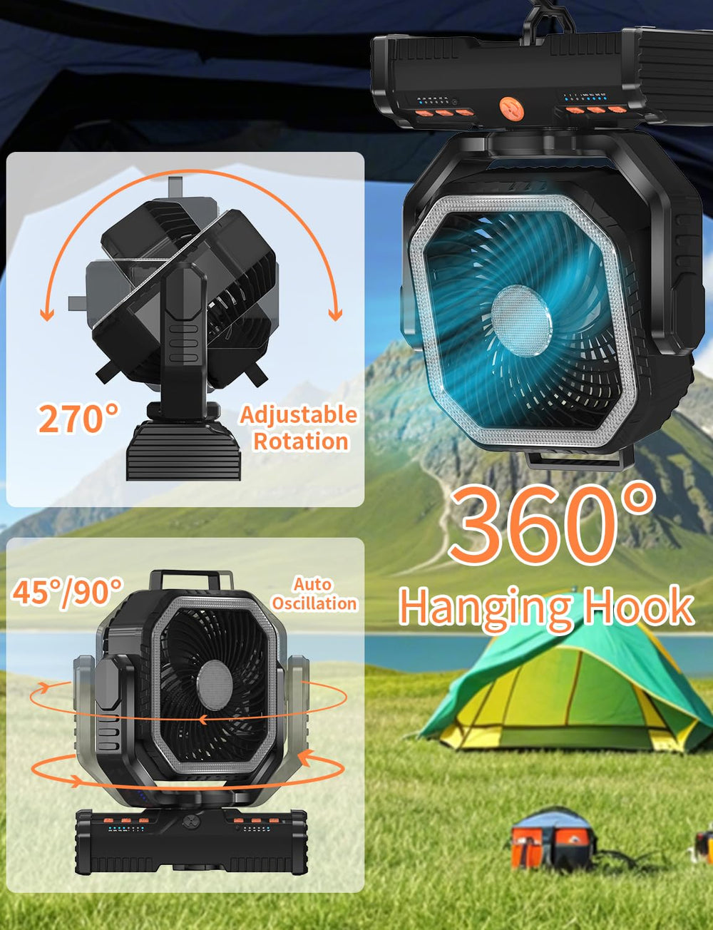 EEIFO camping fan with 360-degree rotation hook for versatile mounting