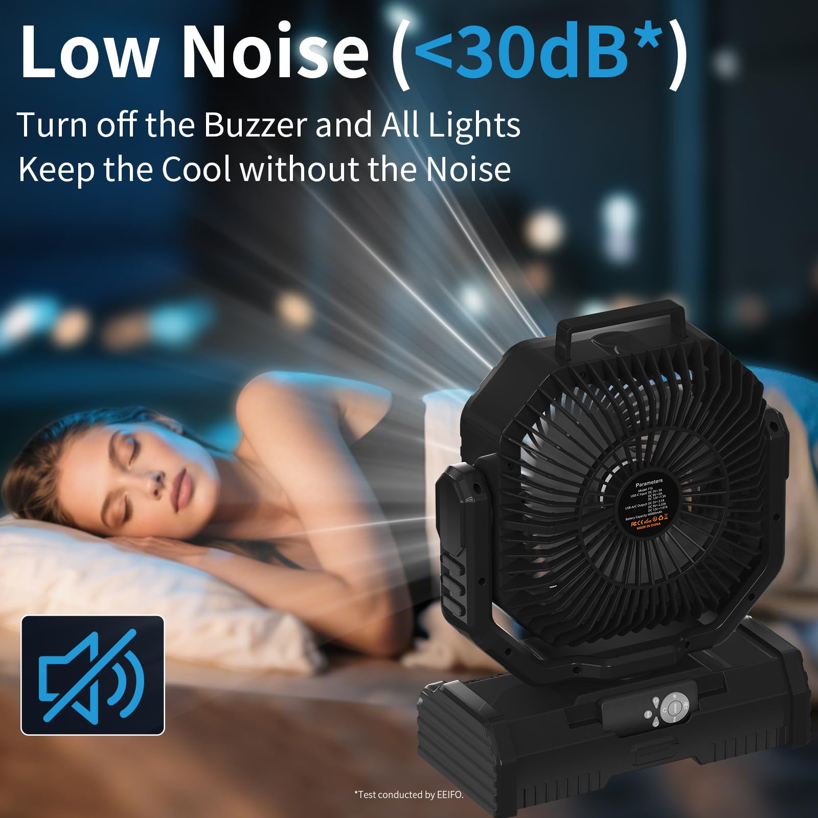 EEIFO camping fan with 4 wind speeds selectable for indoor/outdoor use