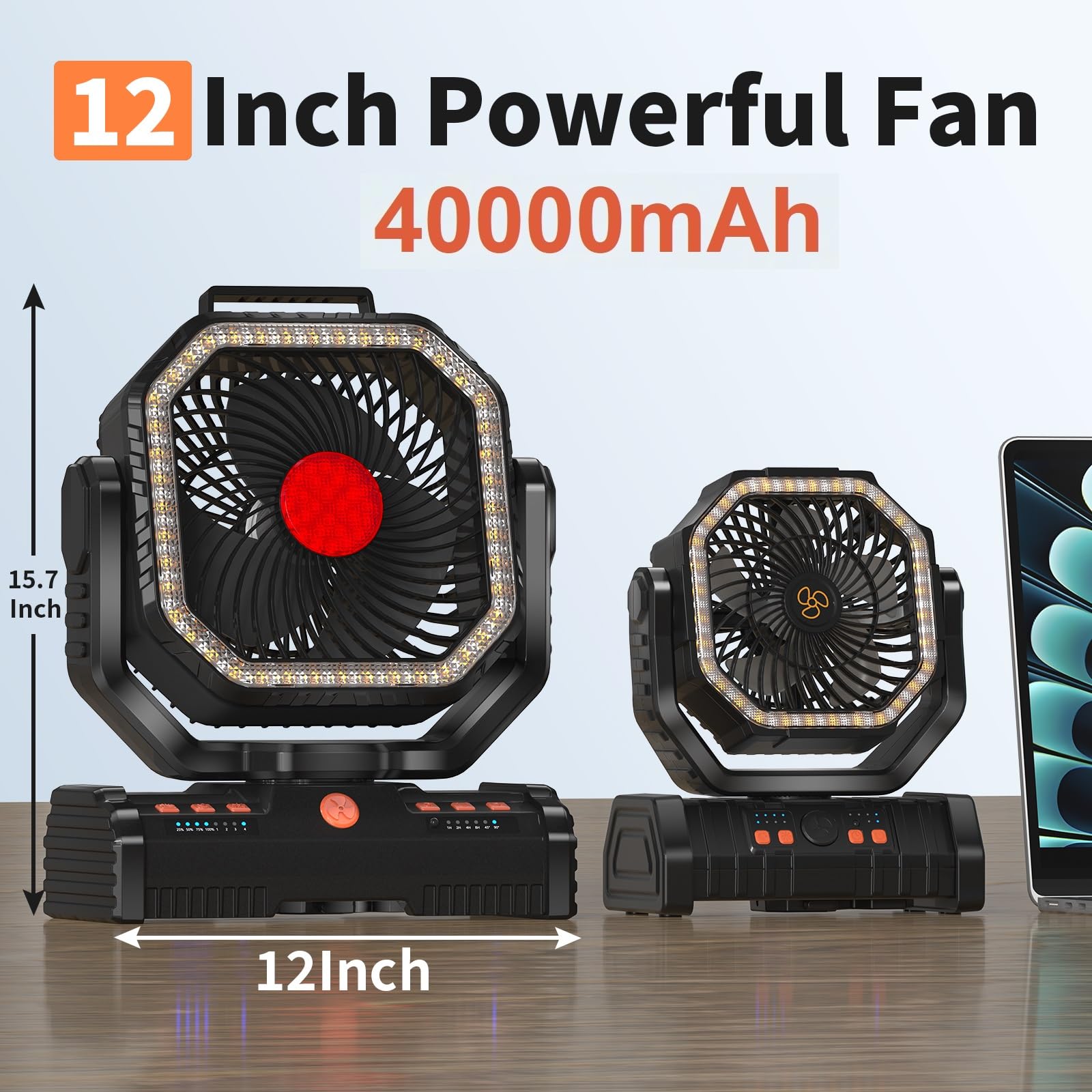EEIFO camping fan with LED lantern on for ambient light and breeze at night