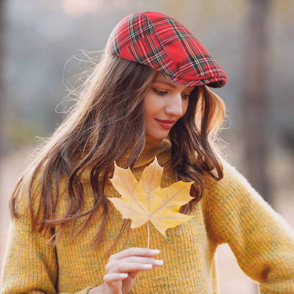Eforcase plaid red beret close-up showing timeless driving-cap appeal.