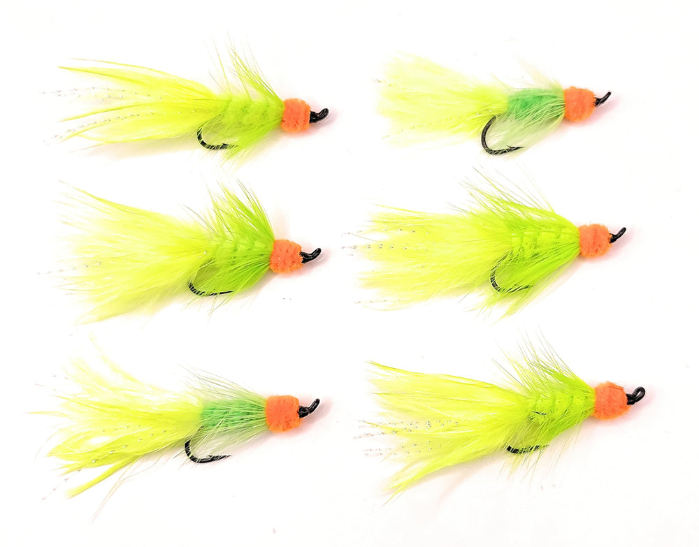 Close-up of the Egg-Sucking Leech fly showing chartreuse chenille and orange egg-tipped end