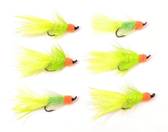 Close-up of the Egg-Sucking Leech fly showing chartreuse chenille and orange egg-tipped end