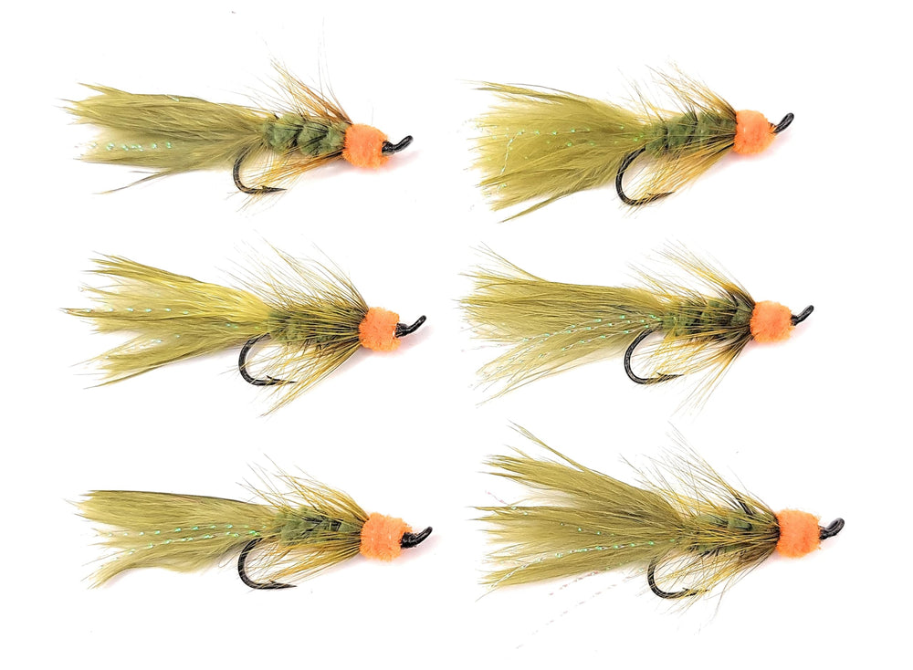 Olive Egg Sucking Leech fishing fly with orange head for freshwater species