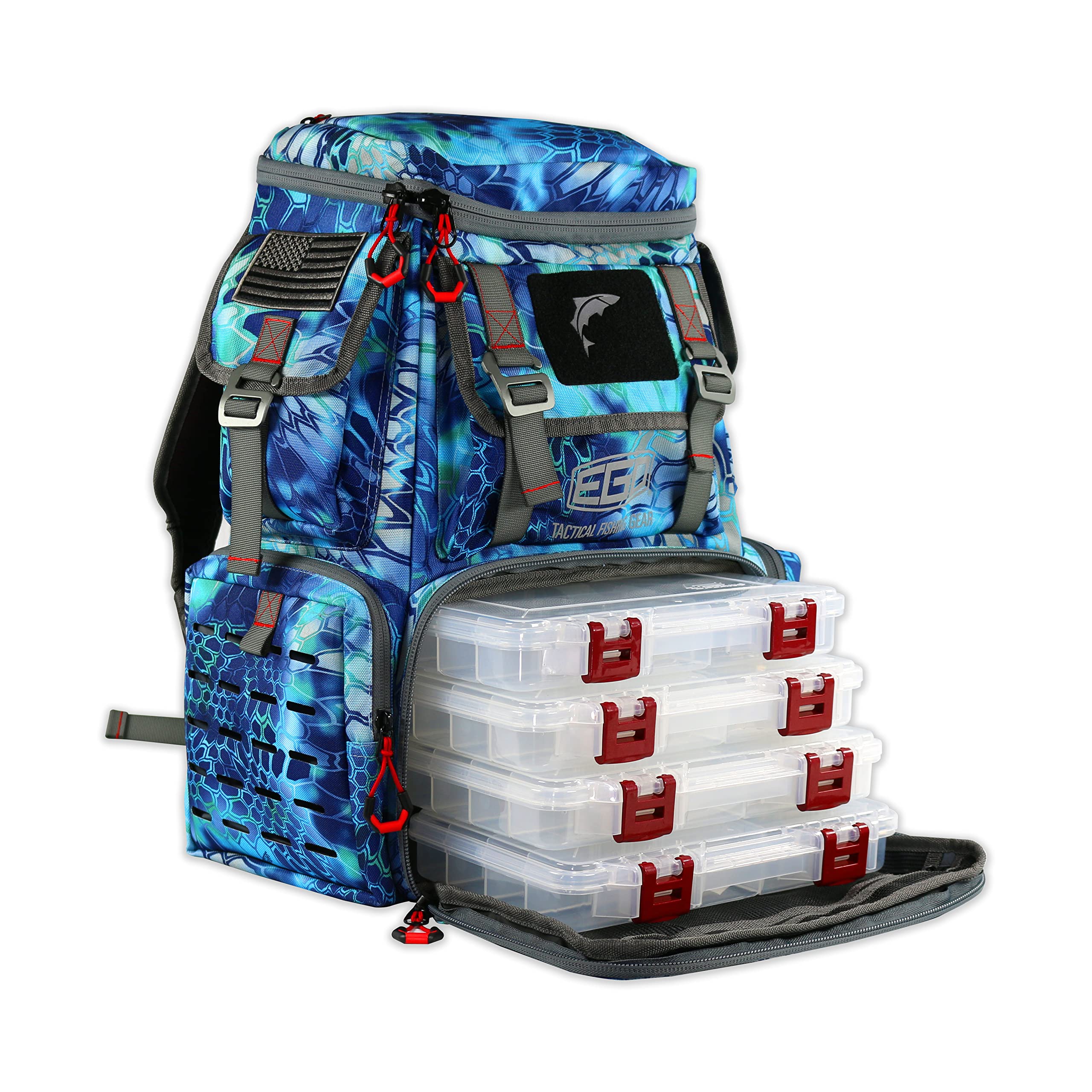 Ego Kryptek Tactical Tackle Box Backpack laser-cut MOLLE loops for external tools.