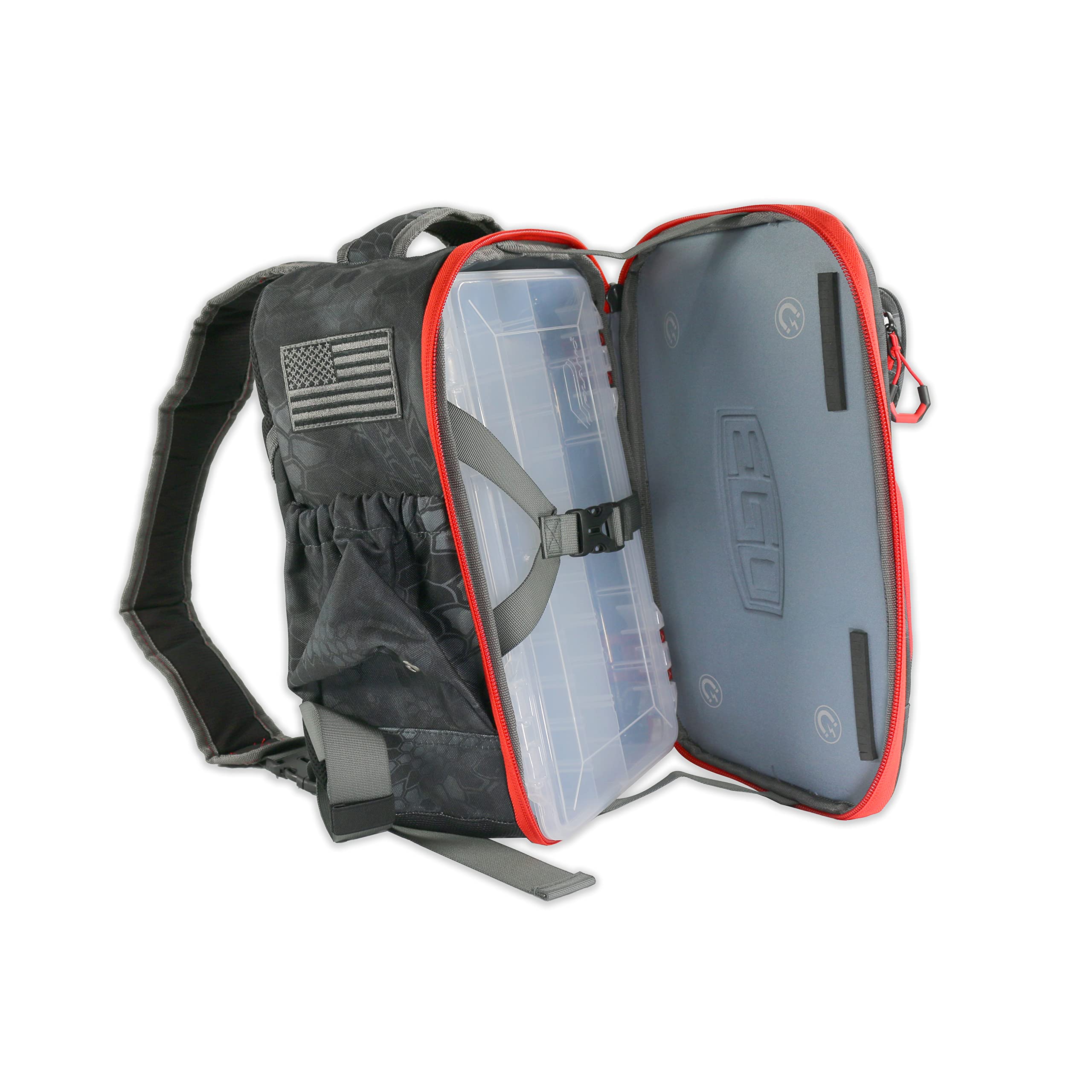 EGO Kryptek Tactical Tackle Box Backpack contoured straps provide comfort on long trips