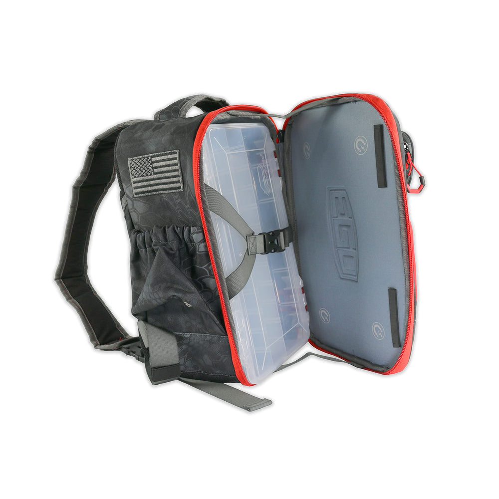 EGO Kryptek Tactical Tackle Box Backpack contoured straps provide comfort on long trips