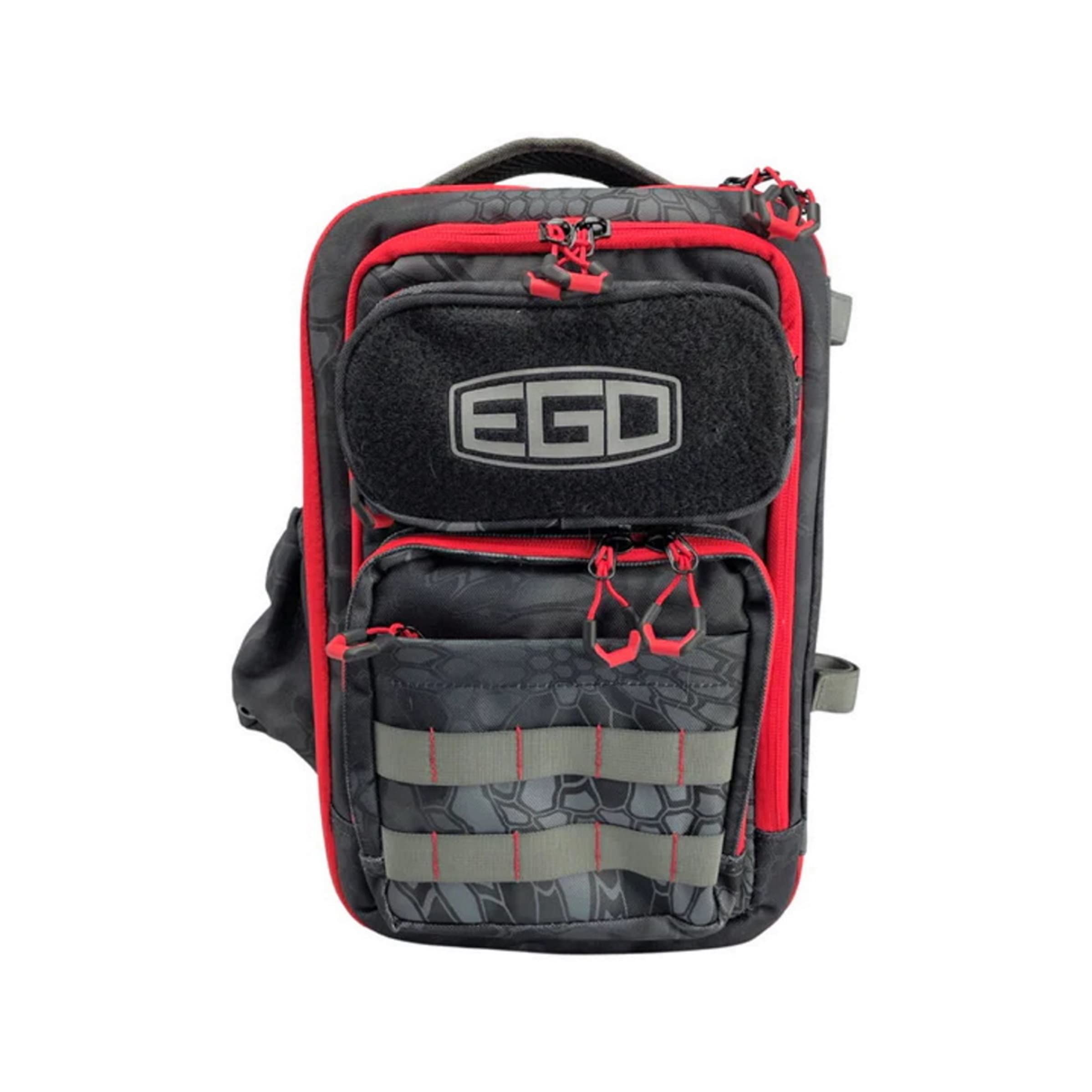 EGO Kryptek Tactical Tackle Box Backpack front view shows rugged build for tough fishing days