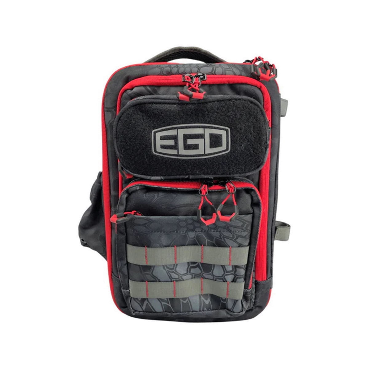 EGO Kryptek Tactical Tackle Box Backpack front view shows rugged build for tough fishing days