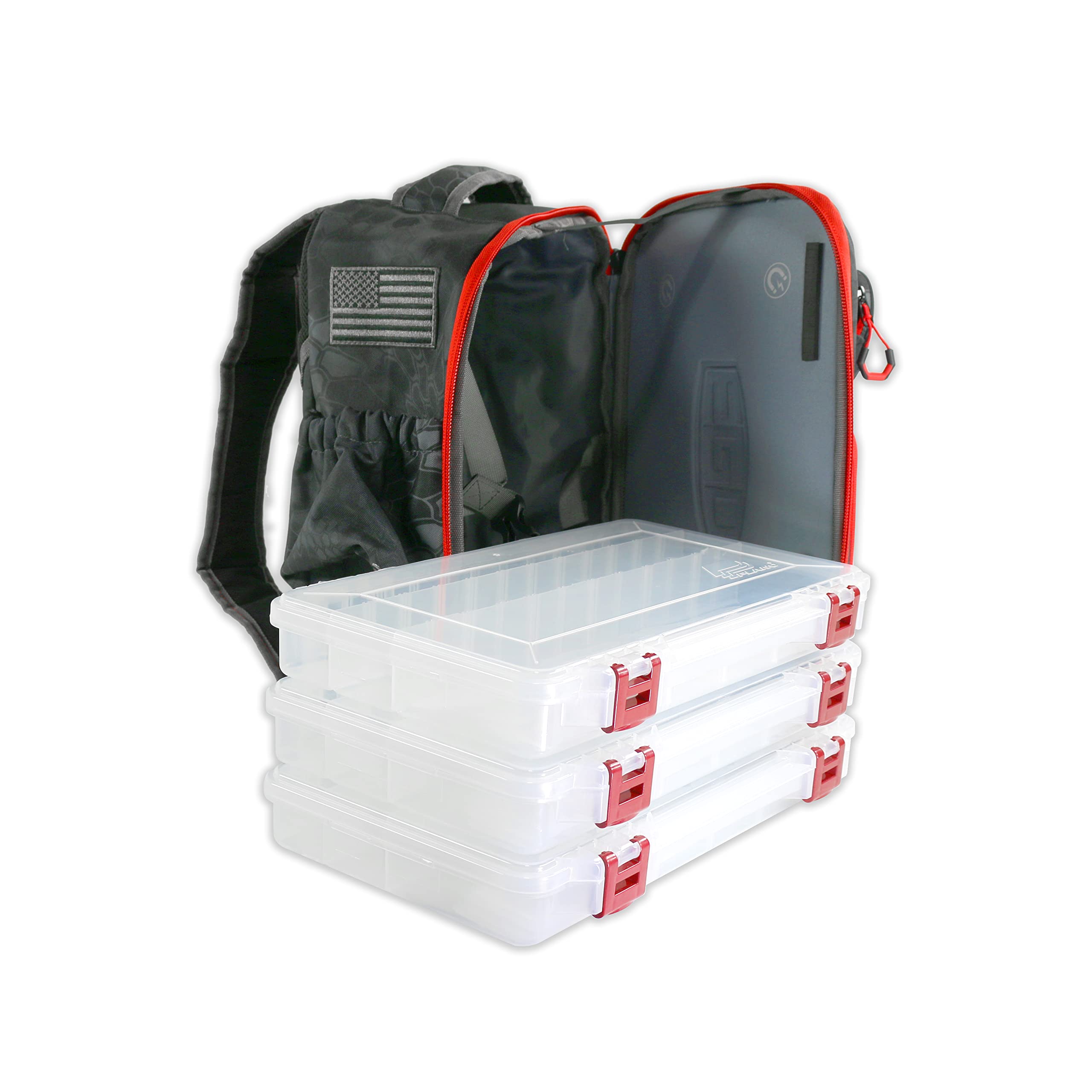 EGO Kryptek Tactical Tackle Box Backpack includes four trays for tackle organization