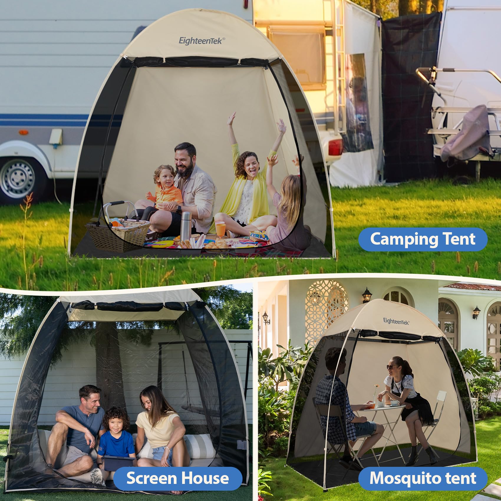 EighteenTek screen house gazebo includes stakes and guylines for stable setup
