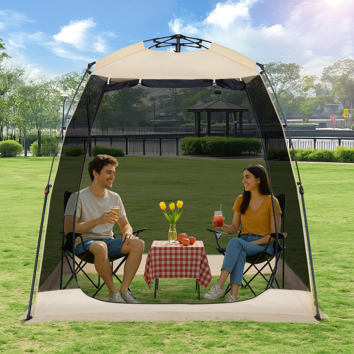 EighteenTek screen house gazeb o front view for spacious shade and bug-free lounging