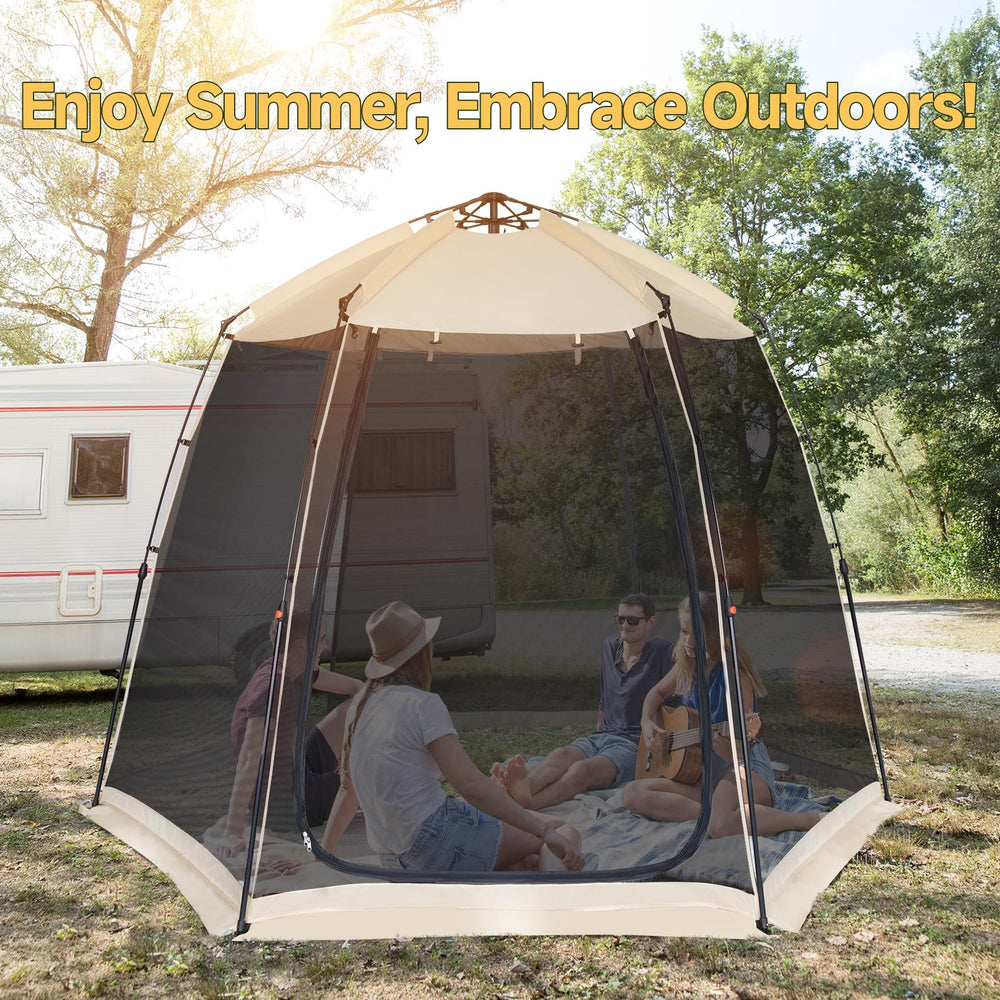 EighteenTek screen house gazebo ground stakes demonstrate stable setup in windy conditions.