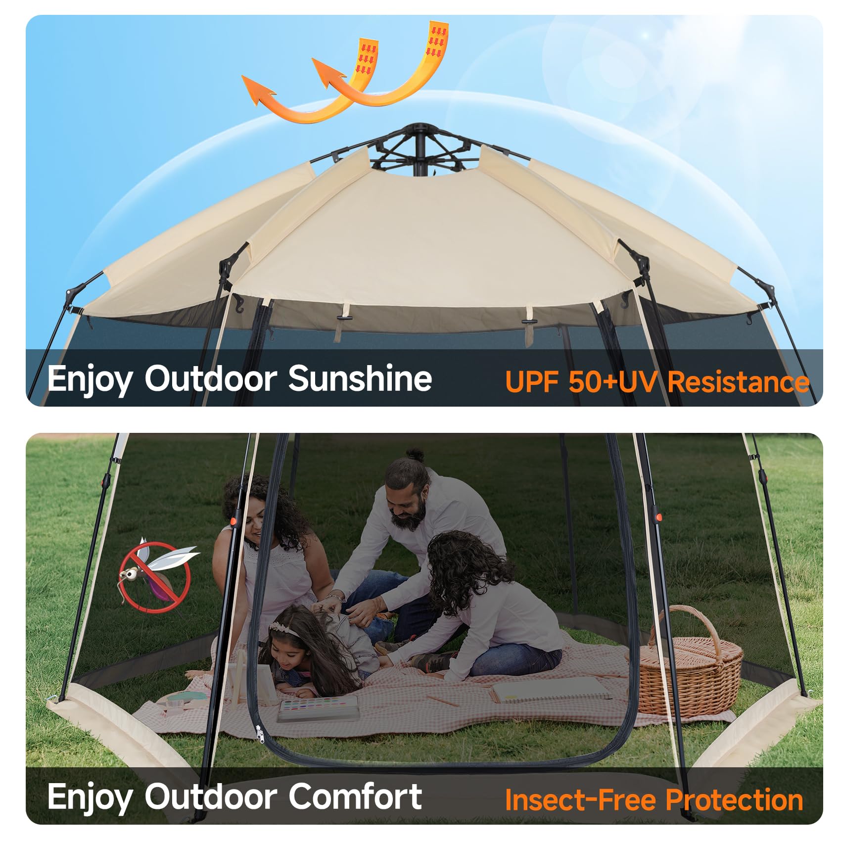 EighteenTek screen house gazebo hub pop-up mechanism enables fast assembly.