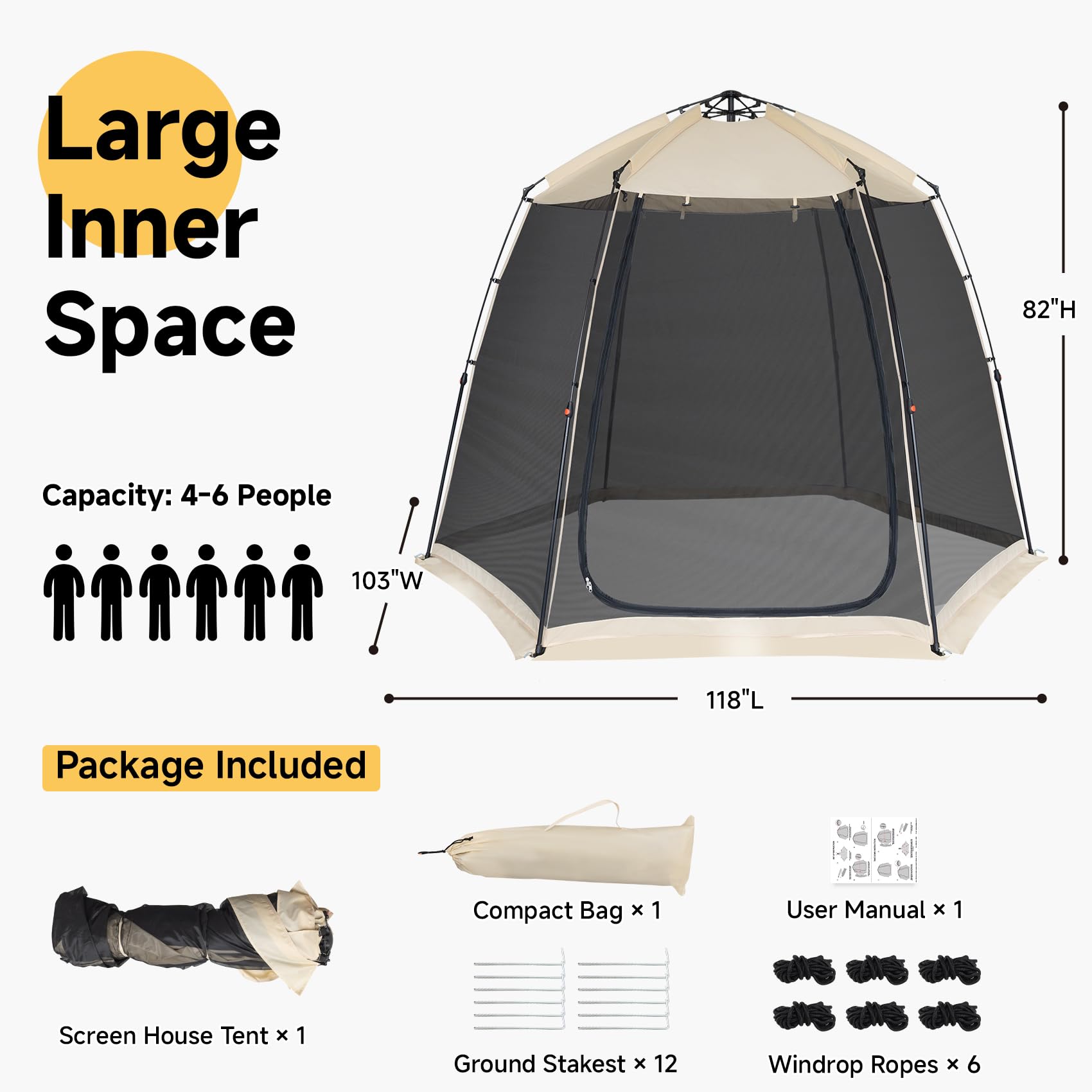 EighteenTek screen house gazebo interior ample space fits 4-6 people for gatherings.