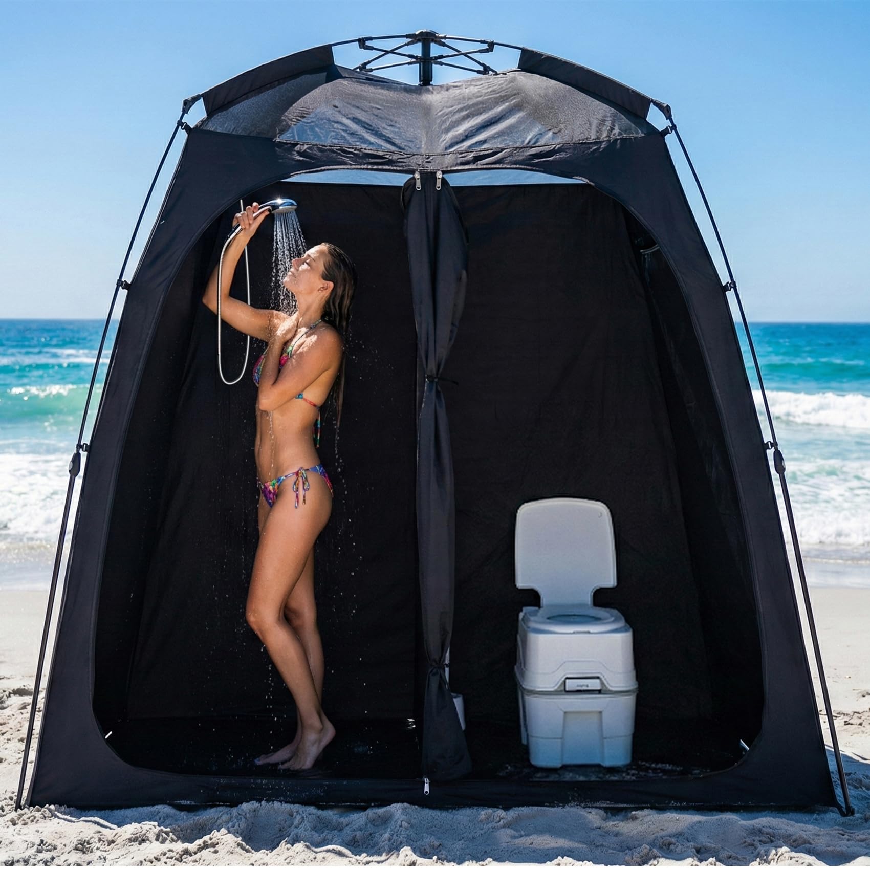 EighteenTek Upgraded Shower Tent hub frame enables rapid, tool-free setup.