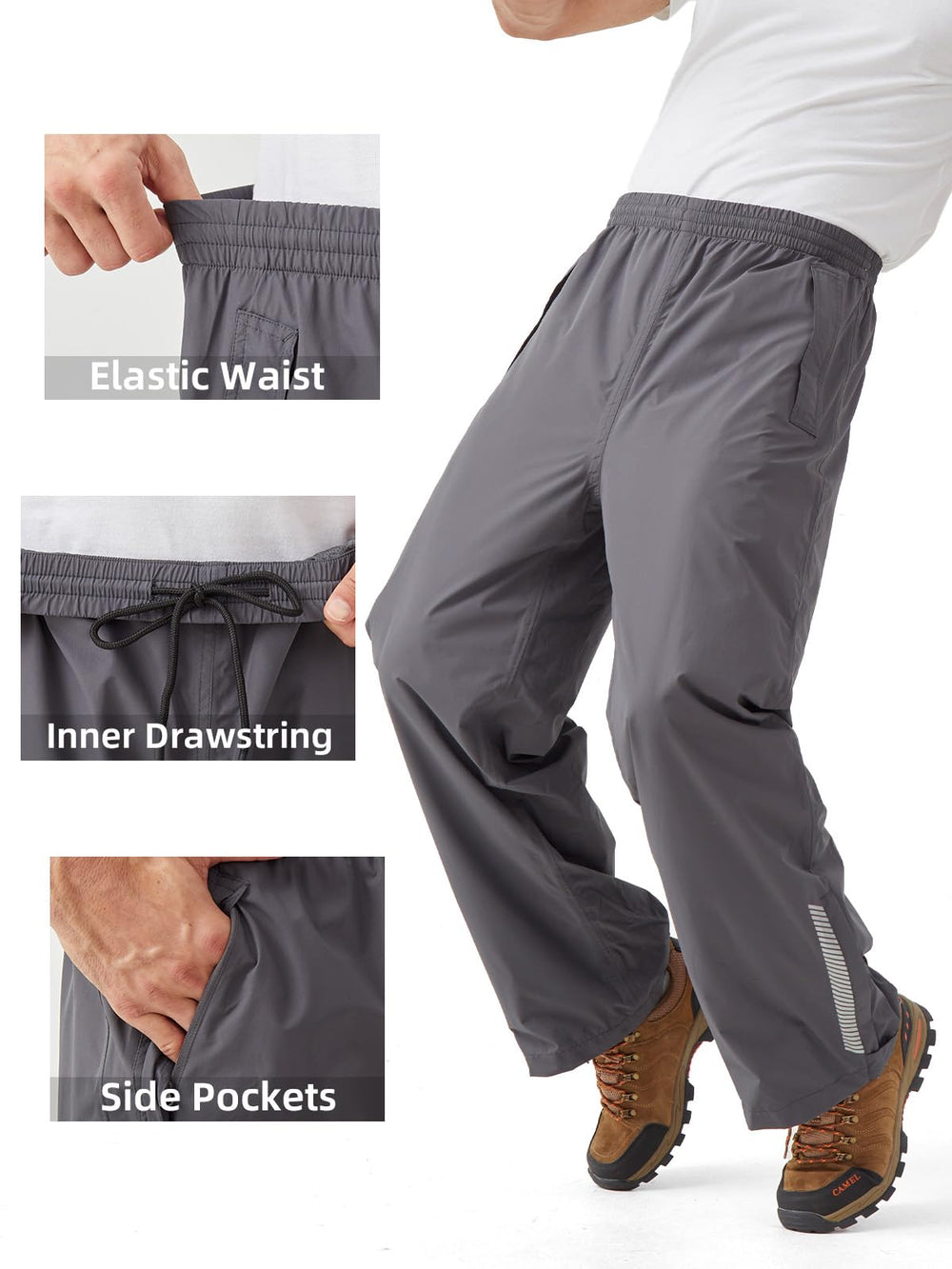 EIGIOO rain pants with adjustable elastic waistband for a comfy fit
