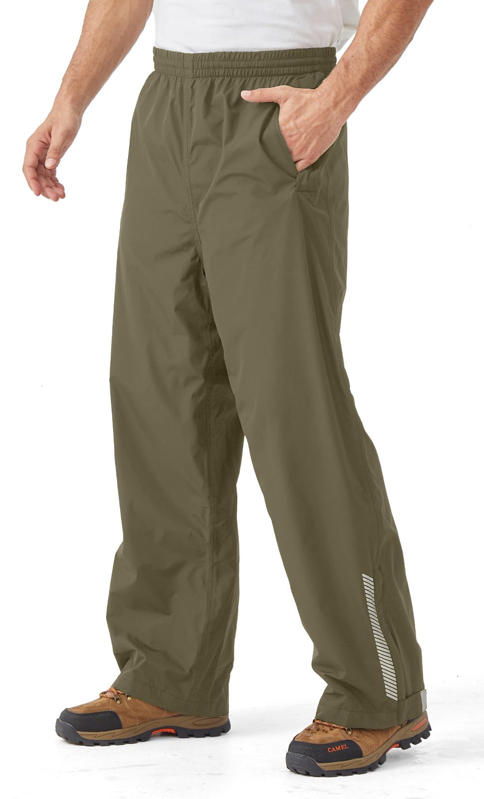 EIGIOO men's packable rain pants front view shows waterproof protection for outdoor hikes