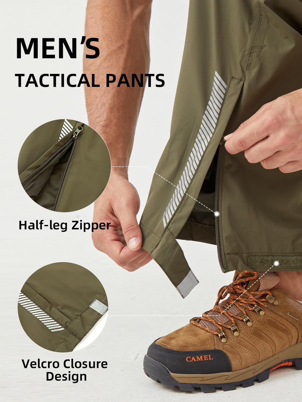 Two zippered pockets with flap on EIGIOO rain pants to keep items dry.