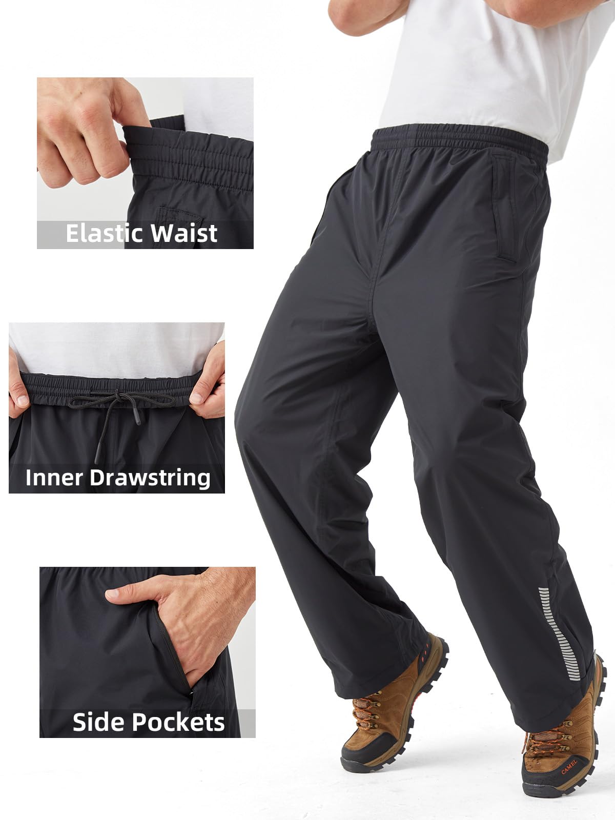 EIGIOO men's rain pants reflective strip enhances visibility in low light