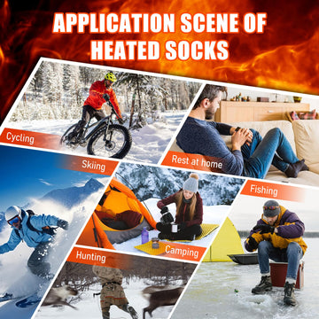 EIHBIEA heated socks showcase winter activities like skiing, hiking, and camping for versatile warmth.