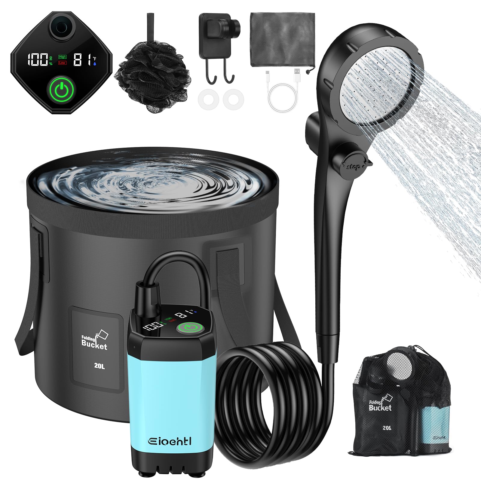 Eioehtl portable shower with LED display shows temperature and power status for outdoor use.