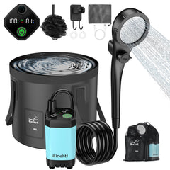 Eioehtl portable shower with LED display shows temperature and power status for outdoor use.