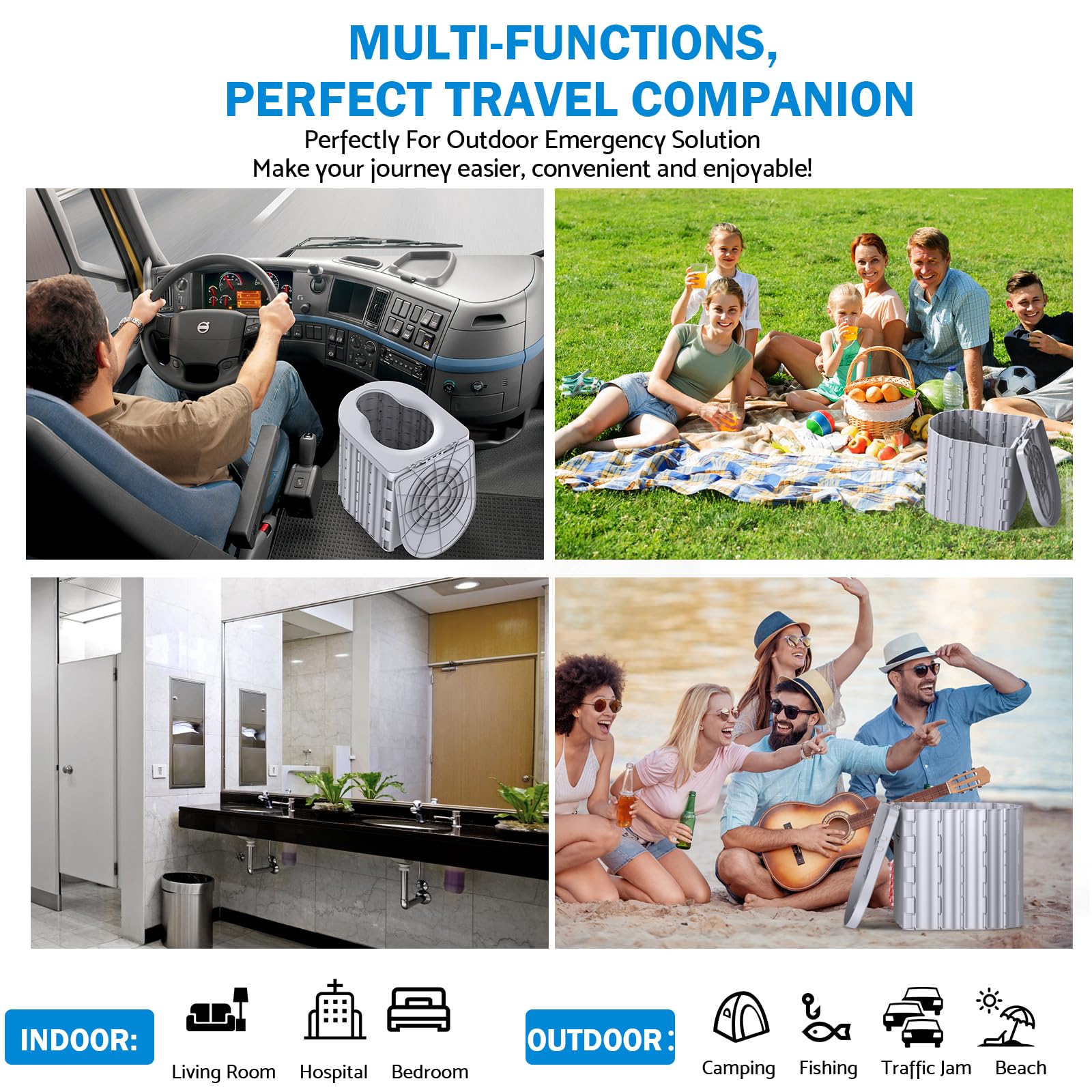 Eioehtl portable-toilet-multi-use adapts as trash can, stool, or emergency bucket.