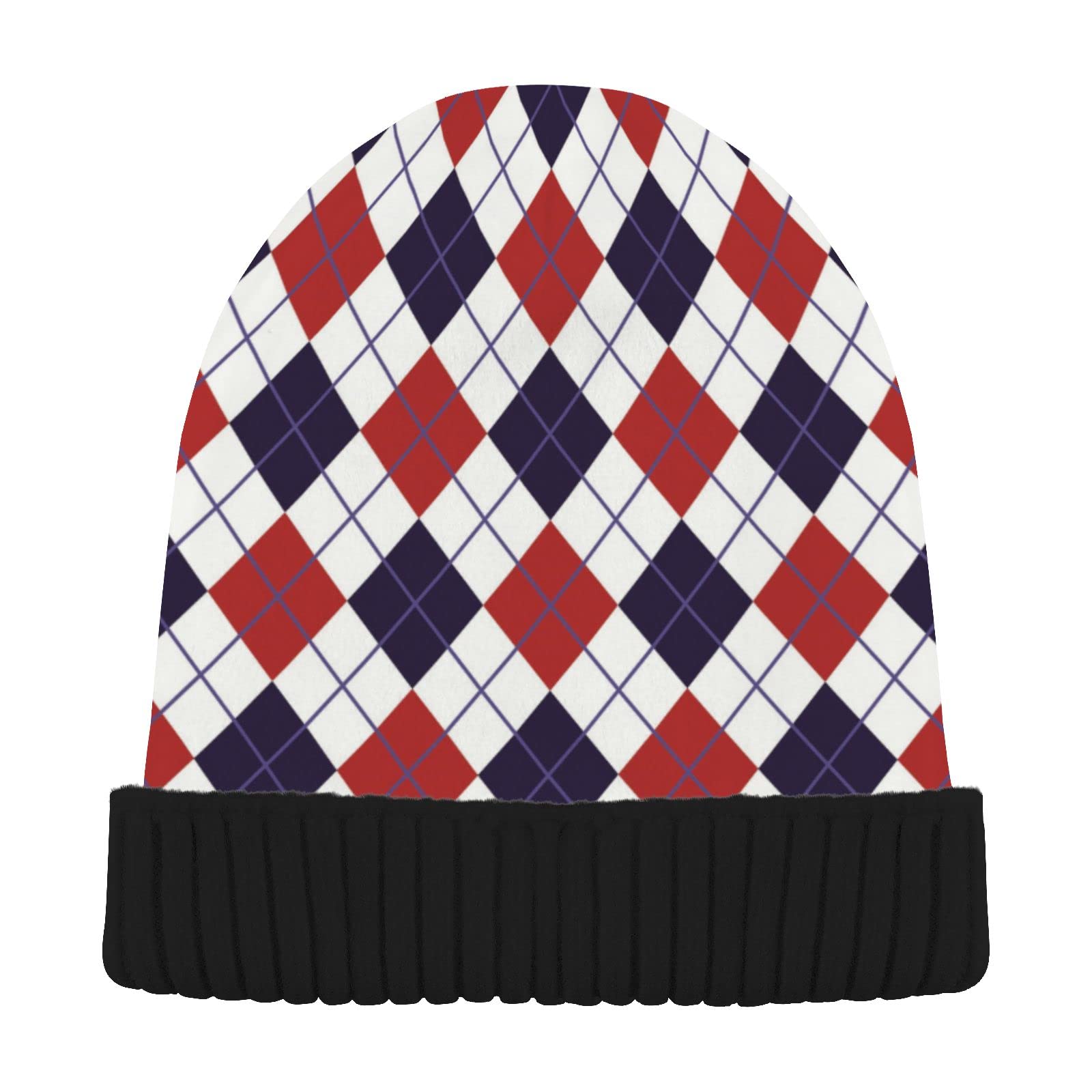 Eionryn Patriotic Red Navy Argyle Beanie back view shows cuff for secure outdoor wear