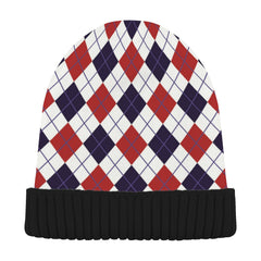 Eionryn Patriotic Red Navy Argyle Beanie back view shows cuff for secure outdoor wear