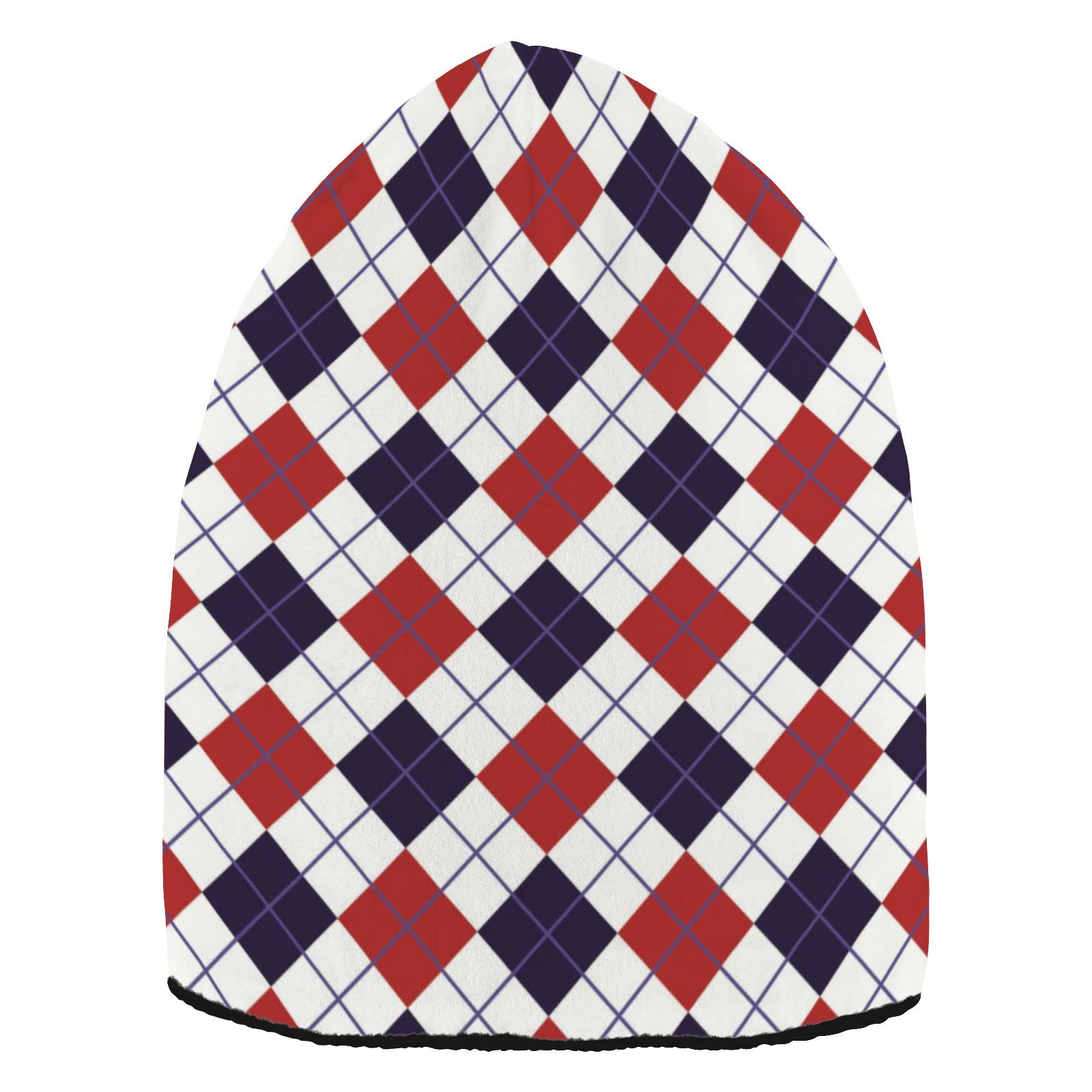 Eionryn Patriotic Red Navy Argyle Beanie front view, warm knit comfort for chilly days
