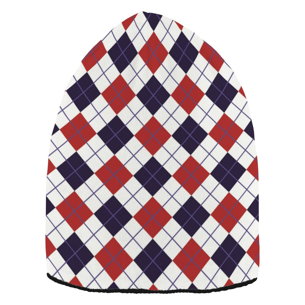 Eionryn Patriotic Red Navy Argyle Beanie front view, warm knit comfort for chilly days