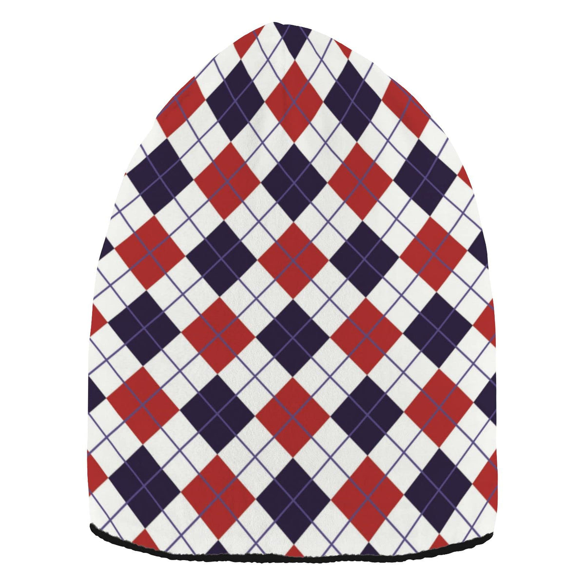 Eionryn Patriotic Red Navy Argyle Beanie front view, warm knit comfort for chilly days