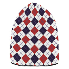 Eionryn Patriotic Red Navy Argyle Beanie front view, warm knit comfort for chilly days