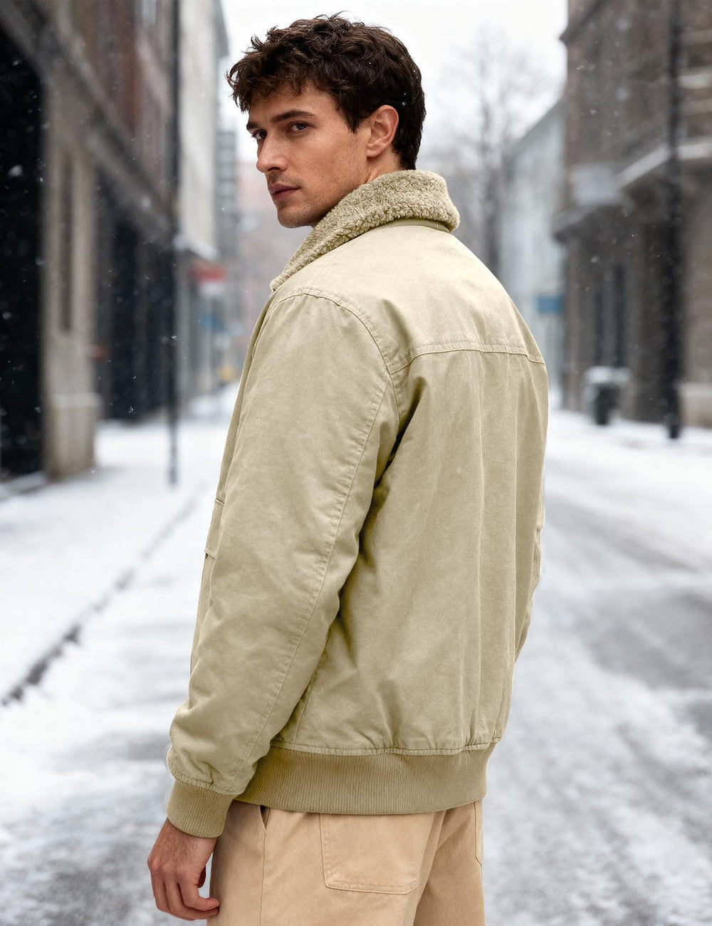 Eisctnd bomber jacket model wearing to illustrate warm, casual layering.