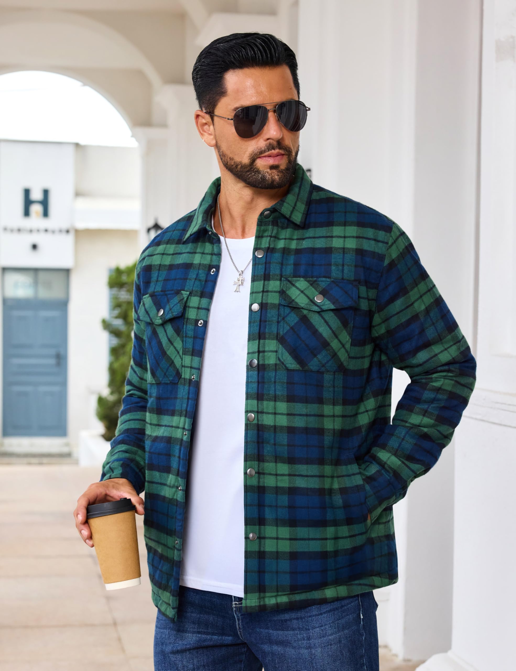EKLENTSON men's quilted lined coat back view highlights classic plaid design