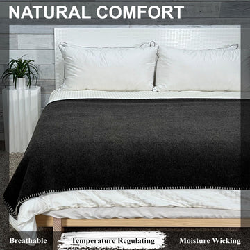 EKTOS virgin wool blanket on sofa showcases indoor coziness and all-season warmth.