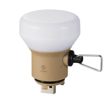 ELECOM NESTOUT LAMP-1 beige with mini tripod enables hands-free lighting during camping setup.